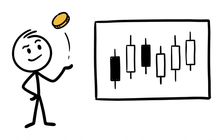 A stick figure looks at a row of white and dark candles on a whiteboard and flips a yellow coin
