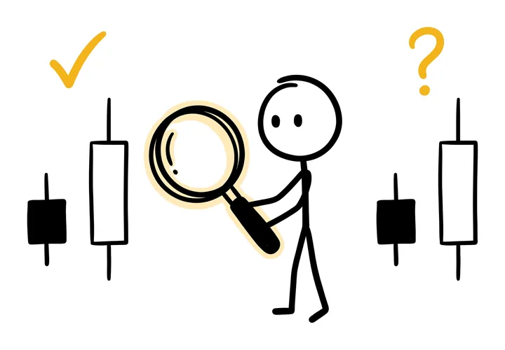 A stick figure holds a magnifying glass between two identical pairs of candles, a yellow check above one pair and a yellow question mark above the other