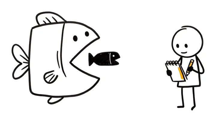 A big friendly fish shaped like a candle opens its mouth around a small candle-shaped fish while a stick figure watches with a notebook