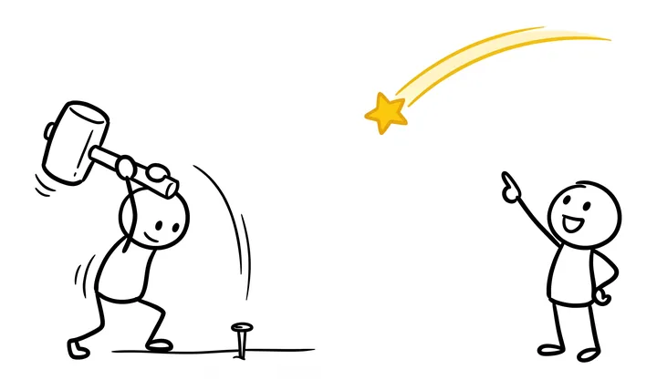 A stick figure swings a big hammer at a nail on the floor while a second stick figure points at a shooting star in the sky with a yellow tail