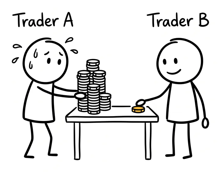 Trader A nervously pushes a tall stack of chips forward, while Trader B calmly places one small yellow chip