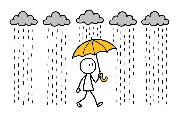 A calm stick figure walks under a yellow umbrella while five grey clouds drop rain all around