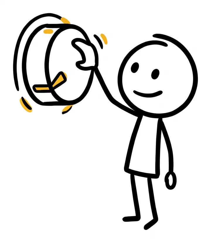 A relaxed stick figure turns a big wall knob down to a low setting
