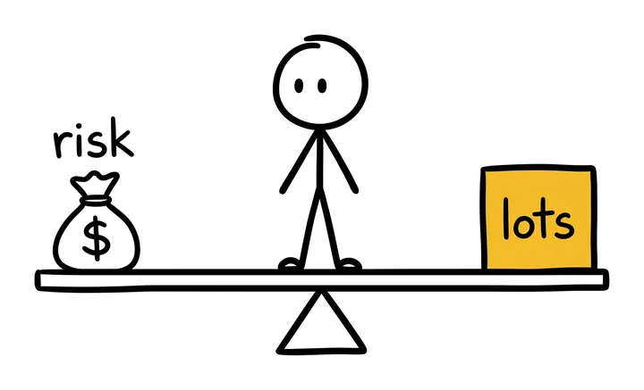 A stick figure balances a level seesaw with a money bag labelled risk on one end and a yellow block labelled lots on the other