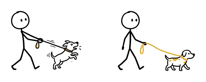 One dog on a short tight leash chokes and jumps, while another dog on a long loose yellow leash walks calmly