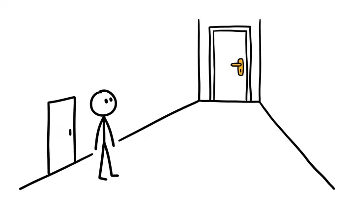 A stick figure stands in a corridor with a small door close by and a big door with a yellow handle far away at the end