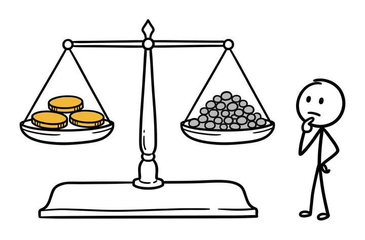 A level balance scale holds three large yellow coins on one side and a heap of small grey pebbles on the other, while a stick figure thinks