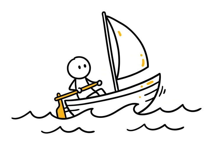 A calm stick figure holds a yellow rudder steady in a small sailboat rocking over the waves