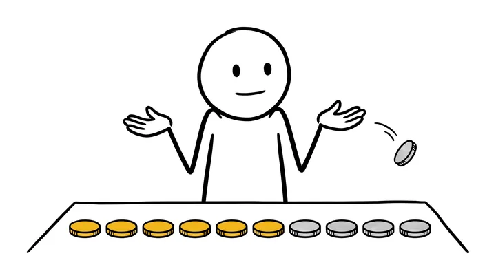 A stick figure shrugs calmly next to a row of ten coins on a table, the last four showing a plain grey side