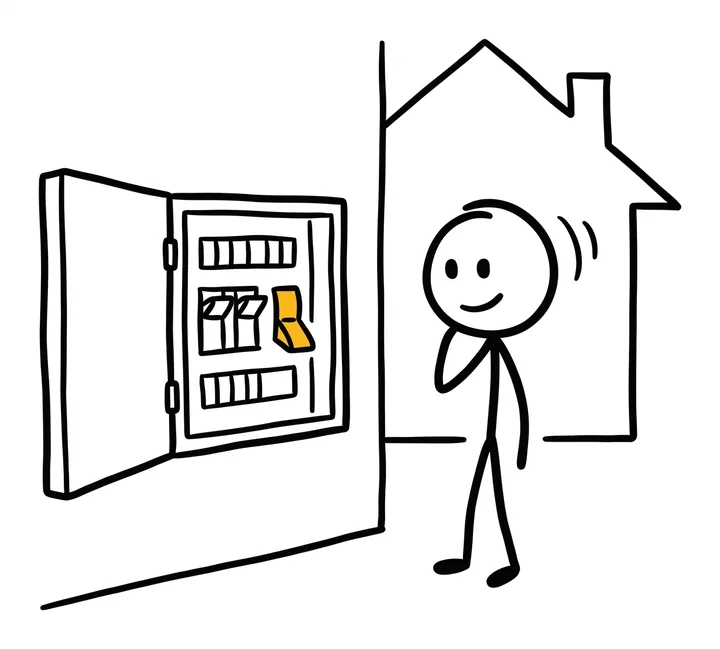 A stick figure nods next to an open fuse box where one switch has flipped off, while the house behind stays safe