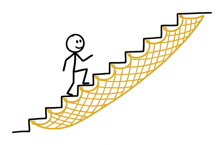 A stick figure climbs a staircase while a yellow safety net under it rises step by step and never comes back down