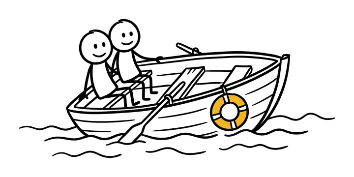 Two stick figures sit together on the same side of a small rowing boat with a yellow life ring