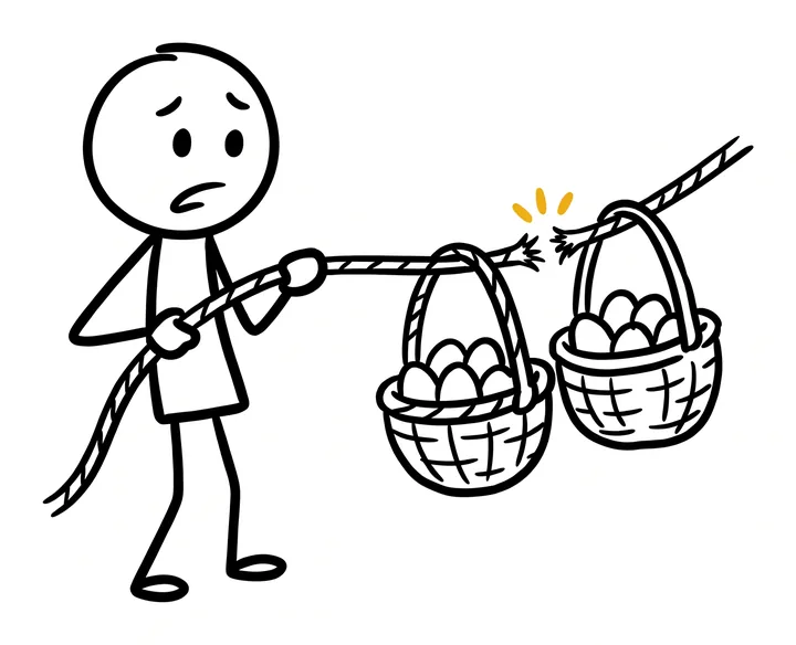 A worried stick figure holds one rope with two baskets of eggs hanging from it, and the rope is fraying at a yellow mark