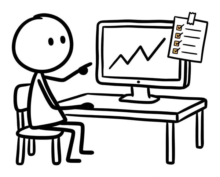 A stick figure at a desk points at a checklist sheet with yellow tick boxes taped to the edge of its monitor