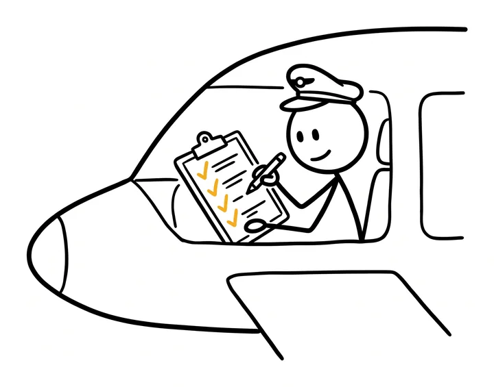 A stick figure pilot in a small cockpit ticks off a checklist on a clipboard before take-off